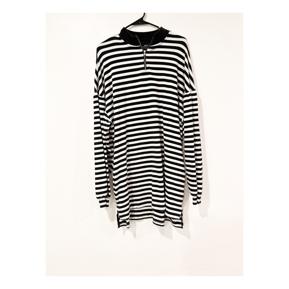 Lazy Oaf Black White Striped Quarter Zip Oversized Long Sleeve Top Mock Neck ML